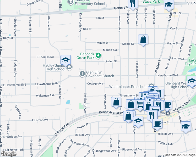 map of restaurants, bars, coffee shops, grocery stores, and more near 338 Hawthorne Boulevard in Glen Ellyn
