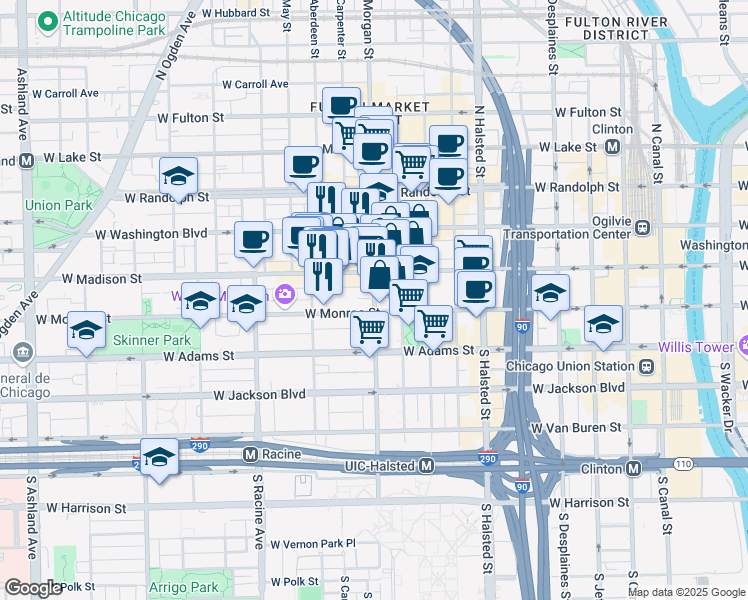 map of restaurants, bars, coffee shops, grocery stores, and more near 32 South Morgan Street in Chicago