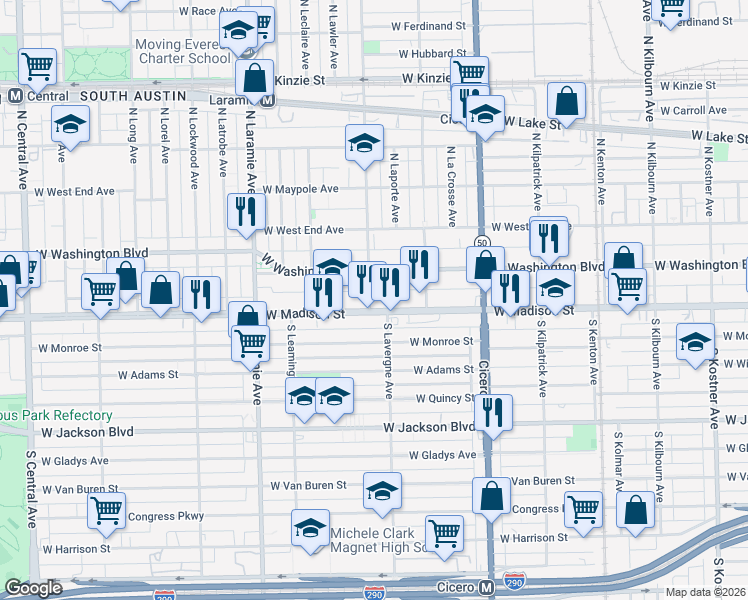 map of restaurants, bars, coffee shops, grocery stores, and more near 4952 West Madison Street in Chicago