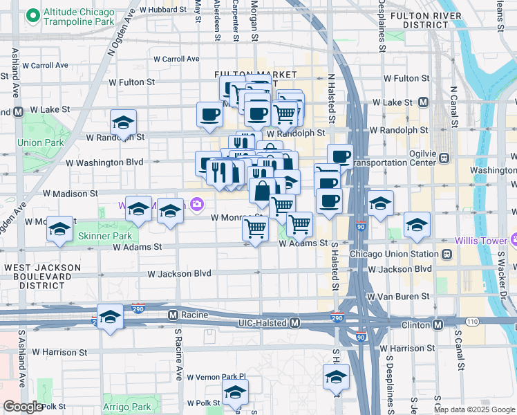 map of restaurants, bars, coffee shops, grocery stores, and more near 30 South Morgan Street in Chicago