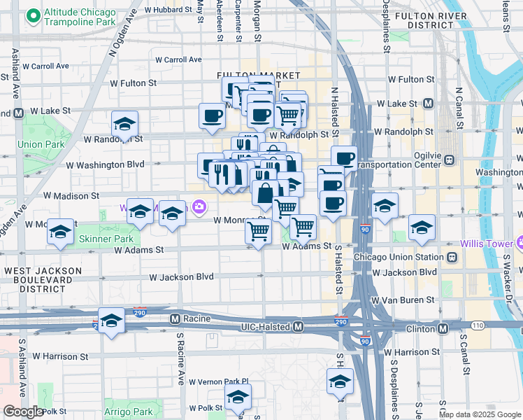 map of restaurants, bars, coffee shops, grocery stores, and more near 28 South Morgan Street in Chicago