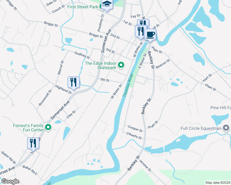 map of restaurants, bars, coffee shops, grocery stores, and more near West Water Street in Taunton