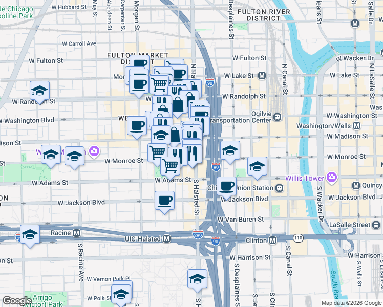 map of restaurants, bars, coffee shops, grocery stores, and more near 30 South Halsted Street in Chicago