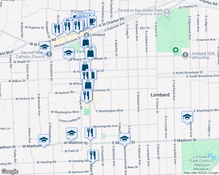 map of restaurants, bars, coffee shops, grocery stores, and more near 332 Garfield Terrace in Lombard