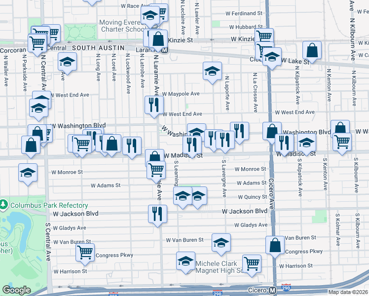 map of restaurants, bars, coffee shops, grocery stores, and more near 5107 West Washington Boulevard in Chicago