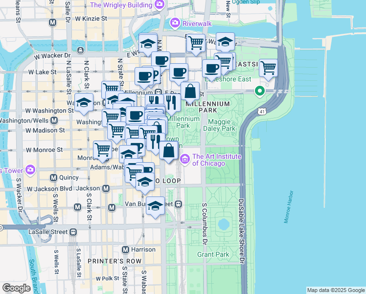 map of restaurants, bars, coffee shops, grocery stores, and more near East Monroe Street in Chicago