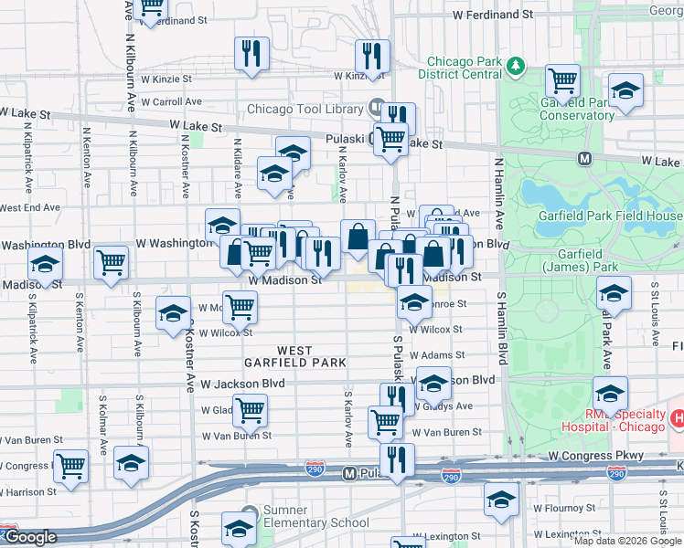 map of restaurants, bars, coffee shops, grocery stores, and more near 4100 West Madison Street in Chicago