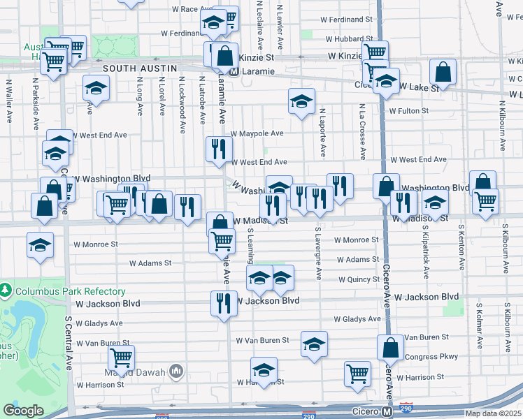 map of restaurants, bars, coffee shops, grocery stores, and more near 5107 West Washington Boulevard in Chicago
