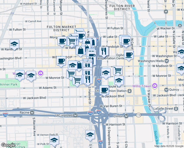 map of restaurants, bars, coffee shops, grocery stores, and more near 739 West Madison Street in Chicago