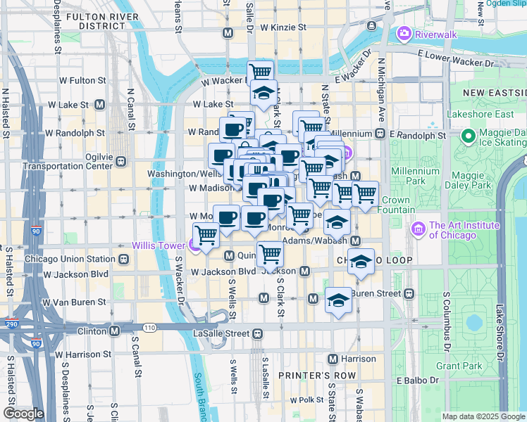 map of restaurants, bars, coffee shops, grocery stores, and more near 100 West Monroe Street in Chicago
