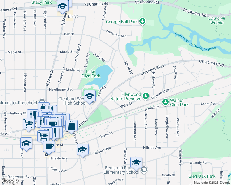 map of restaurants, bars, coffee shops, grocery stores, and more near 708 Crescent Boulevard in Glen Ellyn