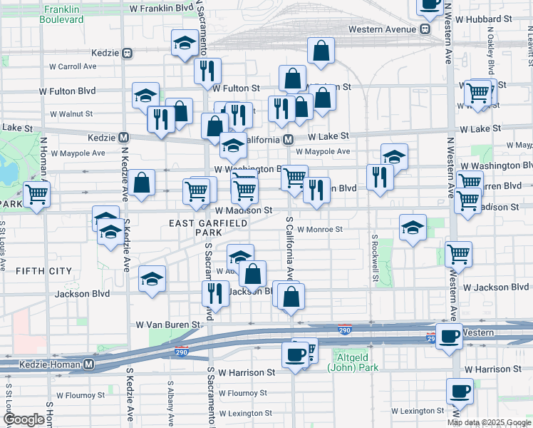 map of restaurants, bars, coffee shops, grocery stores, and more near Mozart in Chicago