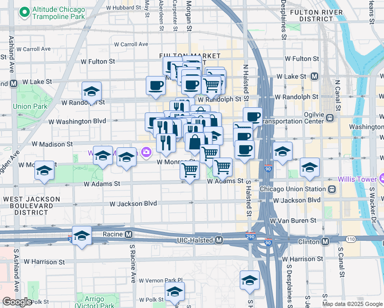 map of restaurants, bars, coffee shops, grocery stores, and more near 26 South Morgan Street in Chicago