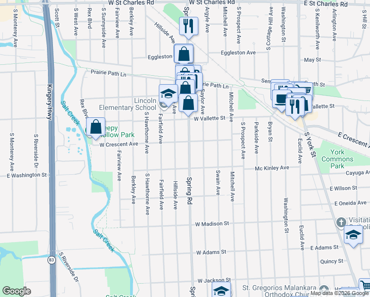 map of restaurants, bars, coffee shops, grocery stores, and more near 615 Spring Road in Elmhurst