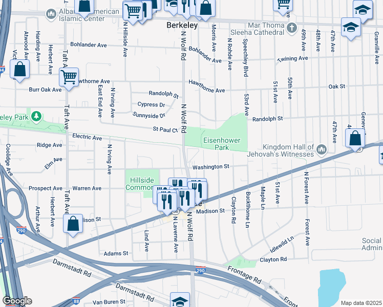 map of restaurants, bars, coffee shops, grocery stores, and more near 612 North Wolf Road in Hillside