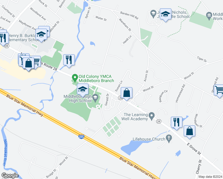 map of restaurants, bars, coffee shops, grocery stores, and more near 8 Susan Lane in Middleborough