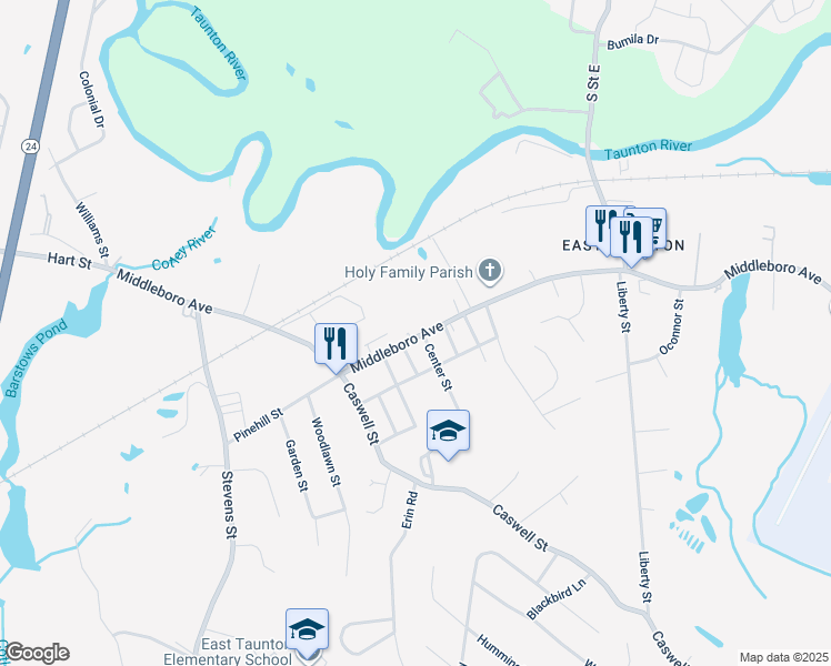 map of restaurants, bars, coffee shops, grocery stores, and more near 308 Middleboro Avenue in Taunton