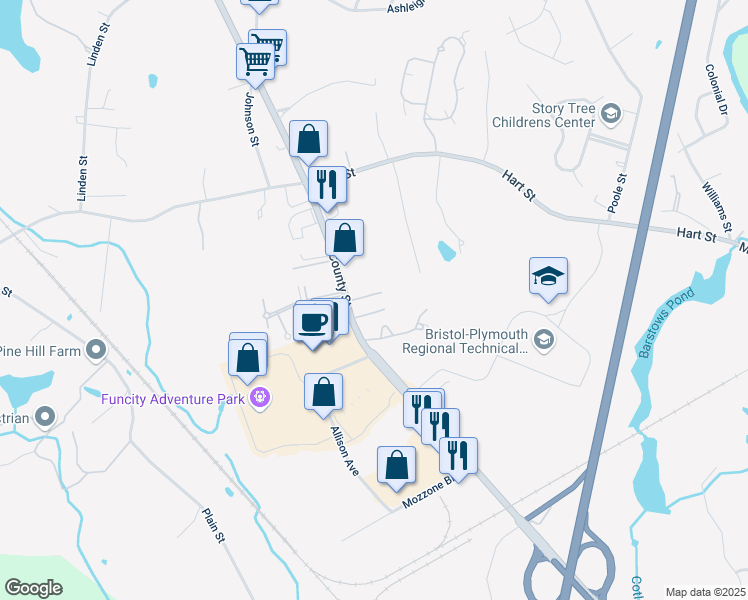 map of restaurants, bars, coffee shops, grocery stores, and more near 800 Massachusetts 140 in Taunton