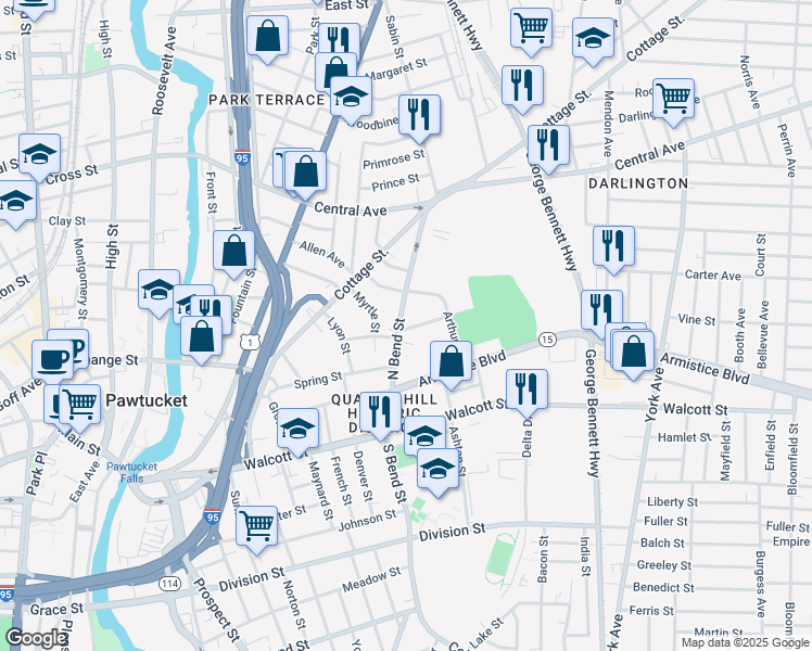 map of restaurants, bars, coffee shops, grocery stores, and more near 144 North Bend Street in Pawtucket