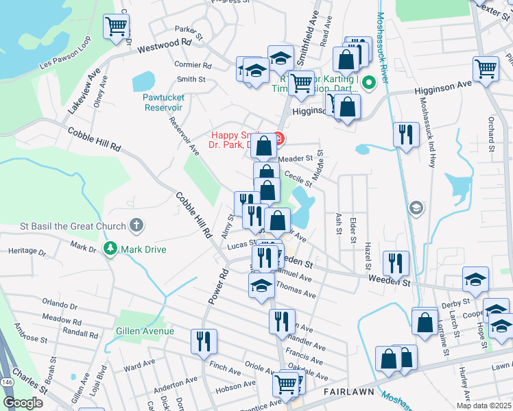 map of restaurants, bars, coffee shops, grocery stores, and more near 201 Reservoir Avenue in Lincoln