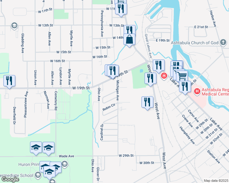 map of restaurants, bars, coffee shops, grocery stores, and more near 1977-2033 Michigan Ave in Ashtabula