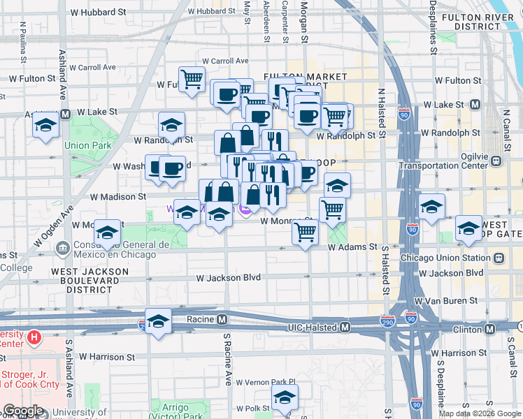 map of restaurants, bars, coffee shops, grocery stores, and more near 1131 West Madison Street in Chicago