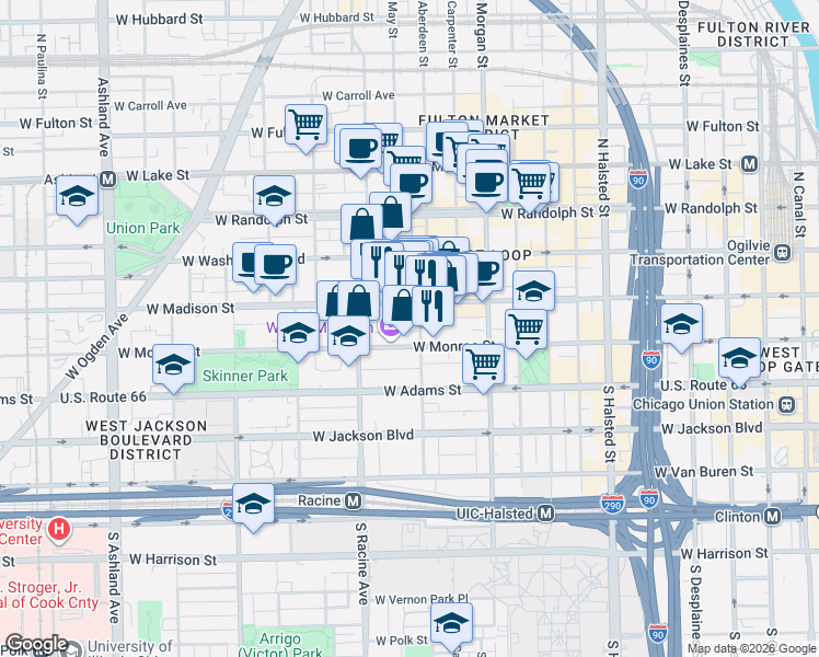 map of restaurants, bars, coffee shops, grocery stores, and more near 1131 West Madison Street in Chicago