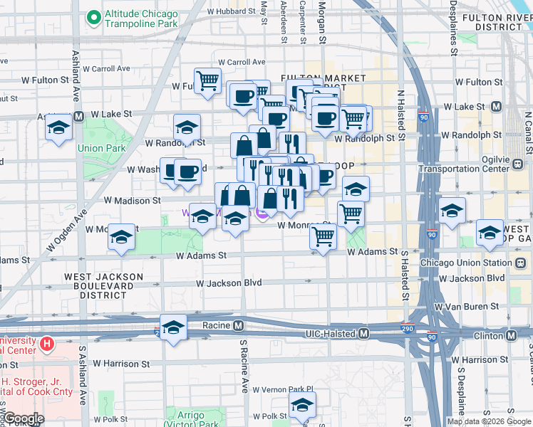 map of restaurants, bars, coffee shops, grocery stores, and more near 1131 West Madison Street in Chicago