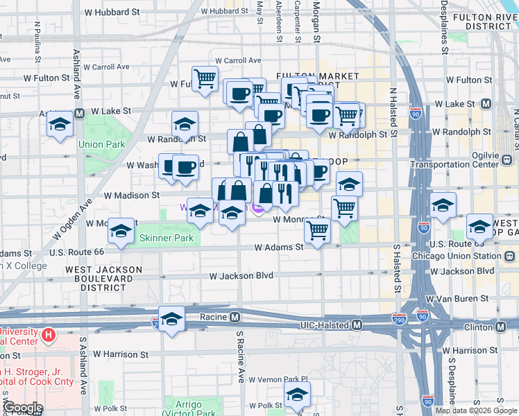 map of restaurants, bars, coffee shops, grocery stores, and more near 1131 West Madison Street in Chicago