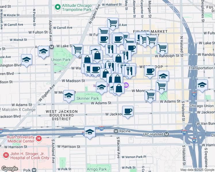map of restaurants, bars, coffee shops, grocery stores, and more near 1237 West Madison Street in Chicago