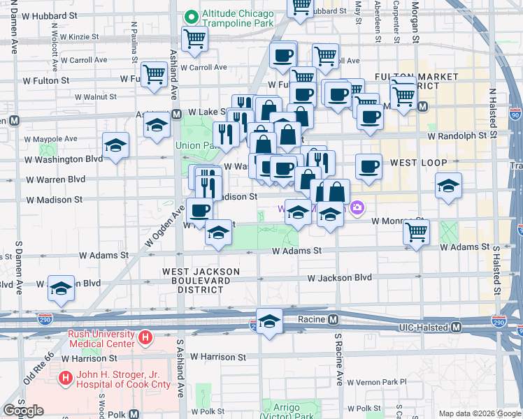 map of restaurants, bars, coffee shops, grocery stores, and more near 1342 West Madison Street in Chicago