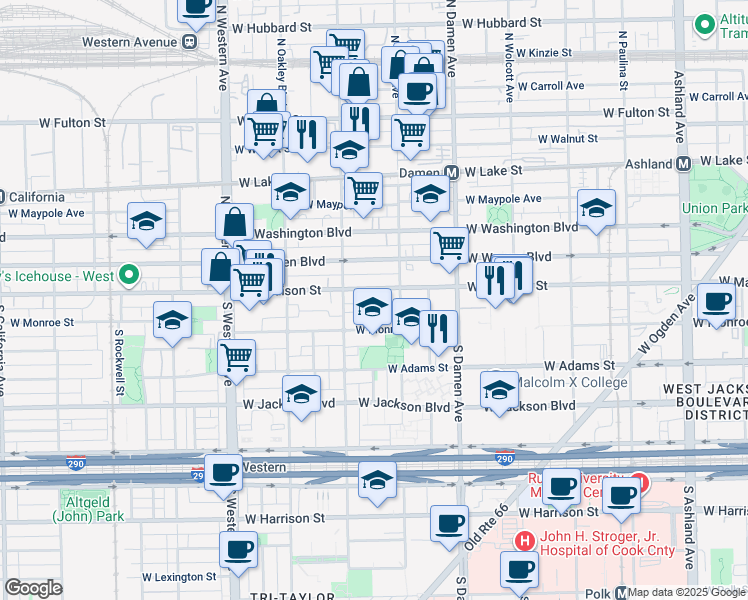map of restaurants, bars, coffee shops, grocery stores, and more near 2100 West Madison Street in Chicago