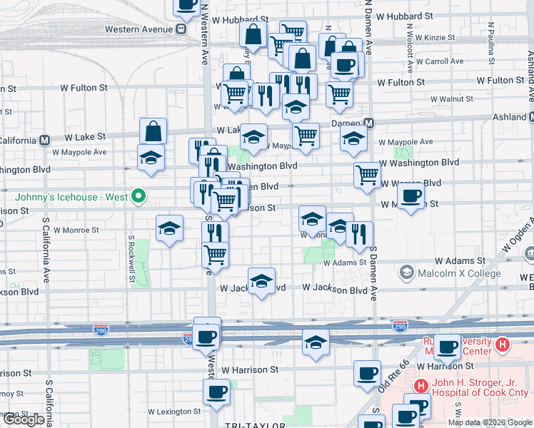 map of restaurants, bars, coffee shops, grocery stores, and more near 2222 West Madison Street in Chicago