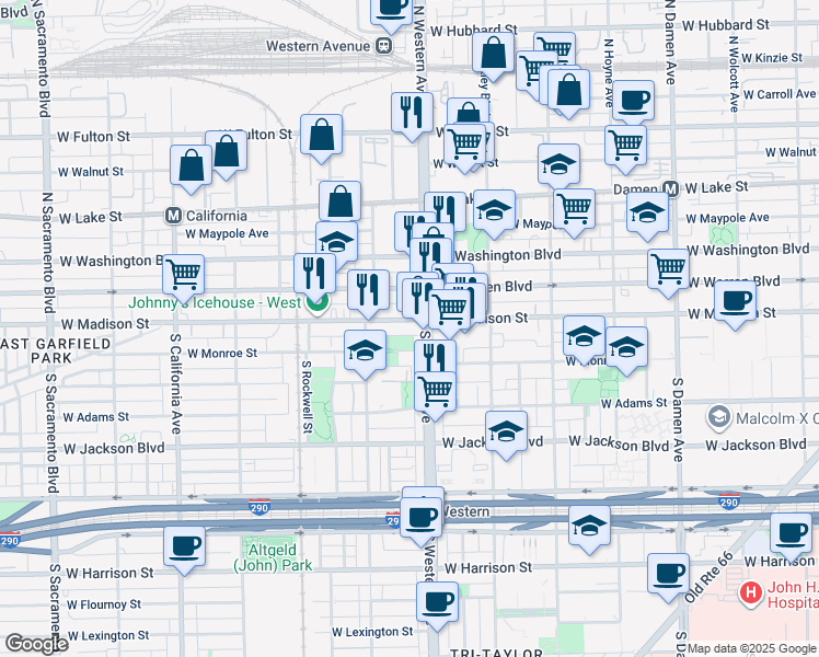 map of restaurants, bars, coffee shops, grocery stores, and more near 2413 West Madison Street in Chicago