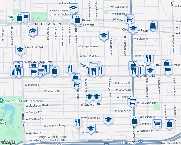 map of restaurants, bars, coffee shops, grocery stores, and more near 5107 West Washington Boulevard in Chicago