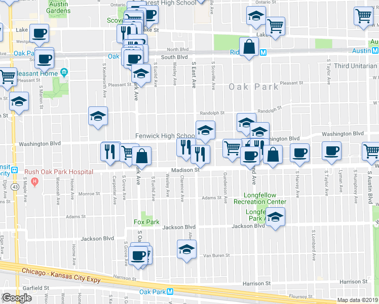 map of restaurants, bars, coffee shops, grocery stores, and more near 615 Washington Boulevard in Oak Park
