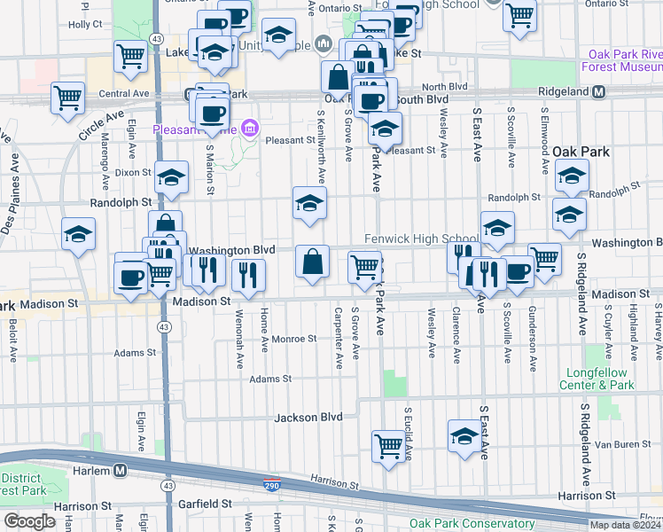 map of restaurants, bars, coffee shops, grocery stores, and more near 853 Washington Boulevard in Oak Park