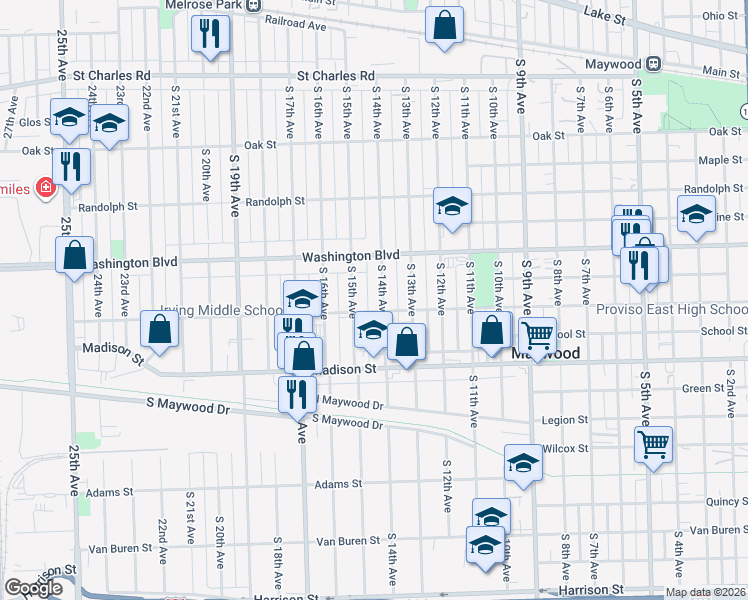 map of restaurants, bars, coffee shops, grocery stores, and more near 620 South 14th Avenue in Maywood