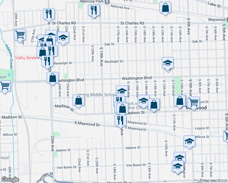 map of restaurants, bars, coffee shops, grocery stores, and more near 615 South 18th Avenue in Maywood