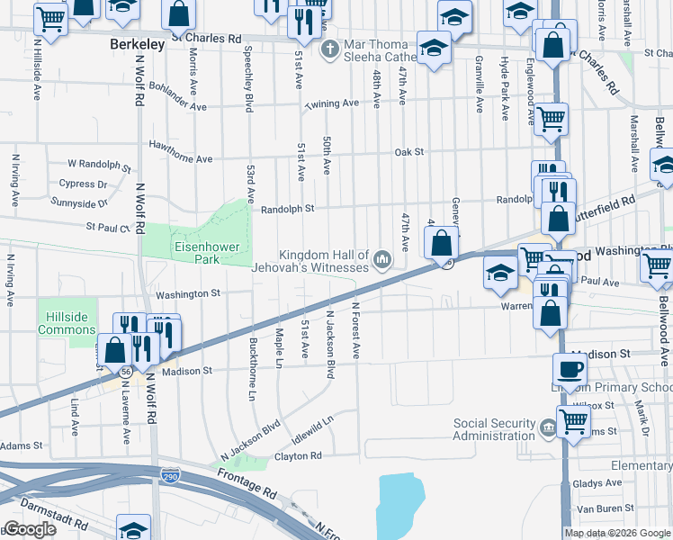 map of restaurants, bars, coffee shops, grocery stores, and more near 539 50th Avenue in Bellwood