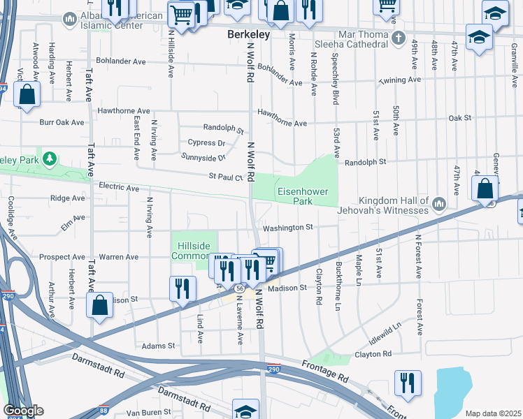 map of restaurants, bars, coffee shops, grocery stores, and more near 612 North Wolf Road in Hillside