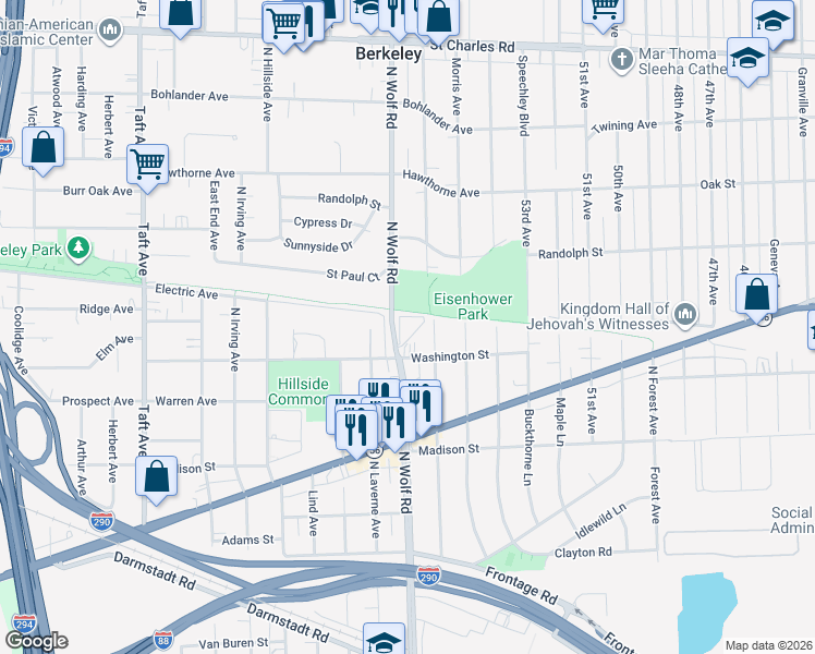 map of restaurants, bars, coffee shops, grocery stores, and more near 612 North Wolf Road in Hillside