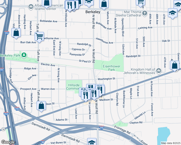 map of restaurants, bars, coffee shops, grocery stores, and more near 4818 Saint Paul Court in Hillside