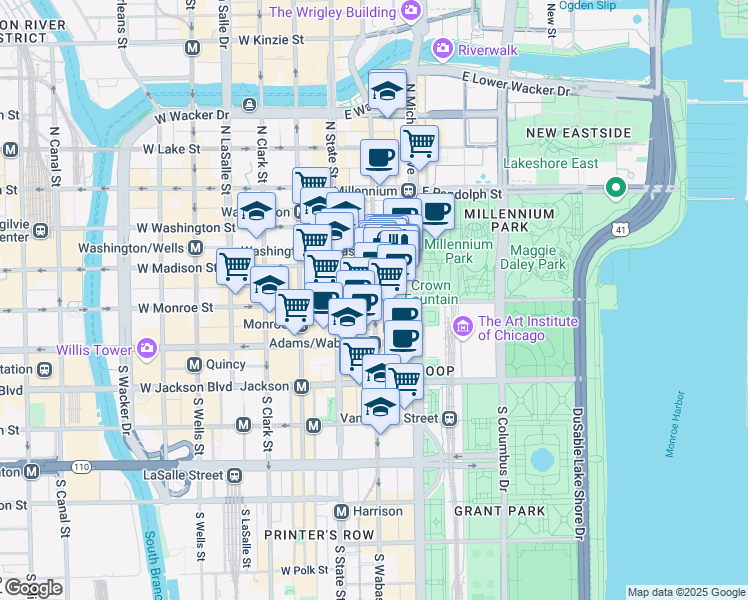 map of restaurants, bars, coffee shops, grocery stores, and more near 36 South Wabash Avenue in Chicago