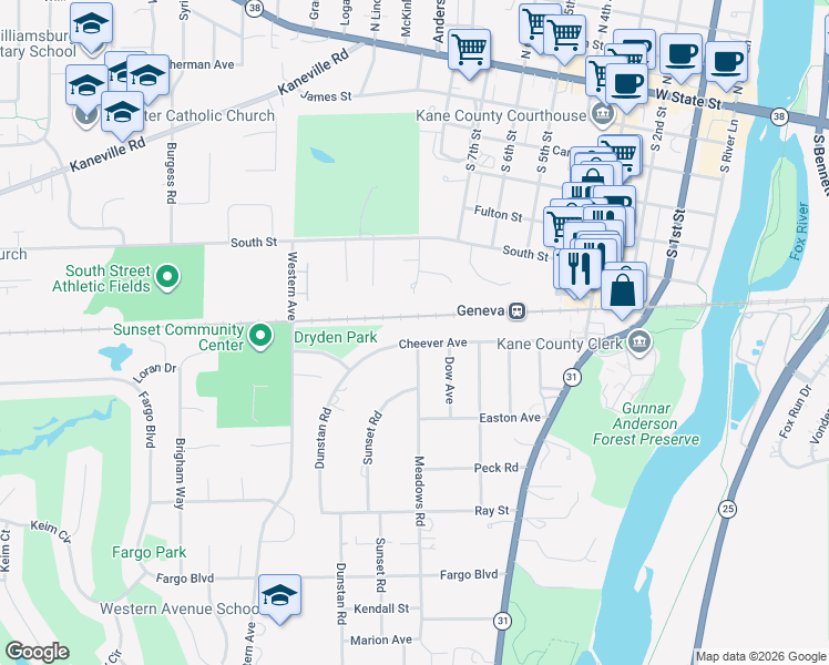 map of restaurants, bars, coffee shops, grocery stores, and more near 721 Cheever Avenue in Geneva