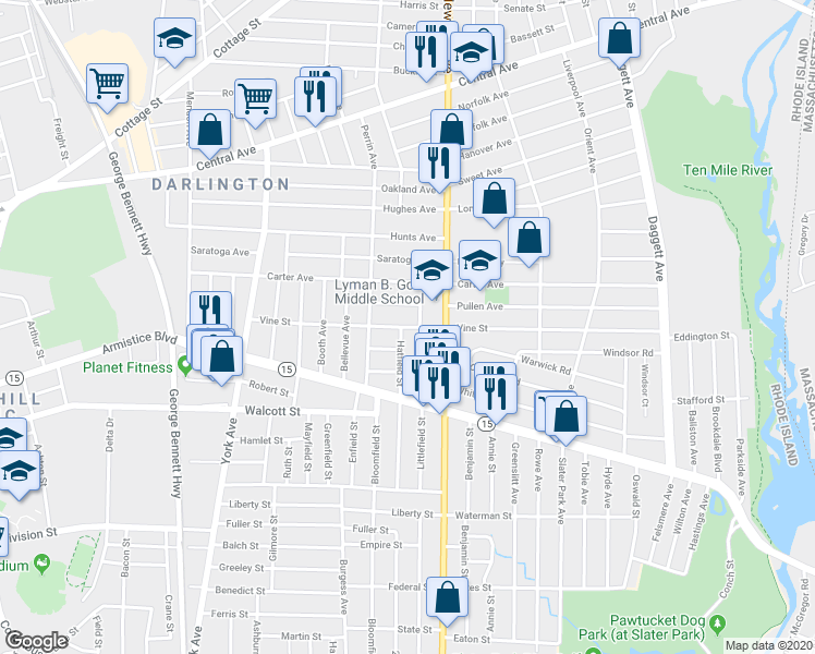 map of restaurants, bars, coffee shops, grocery stores, and more near 128 Vine Street in Pawtucket