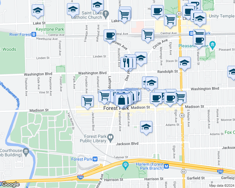 map of restaurants, bars, coffee shops, grocery stores, and more near 241 Des Plaines Avenue in Forest Park