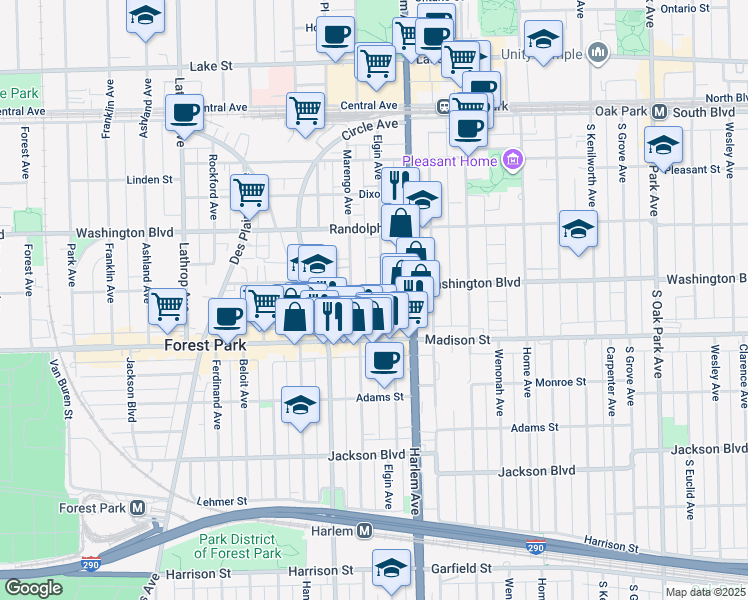 map of restaurants, bars, coffee shops, grocery stores, and more near 244 Marengo Avenue in Forest Park