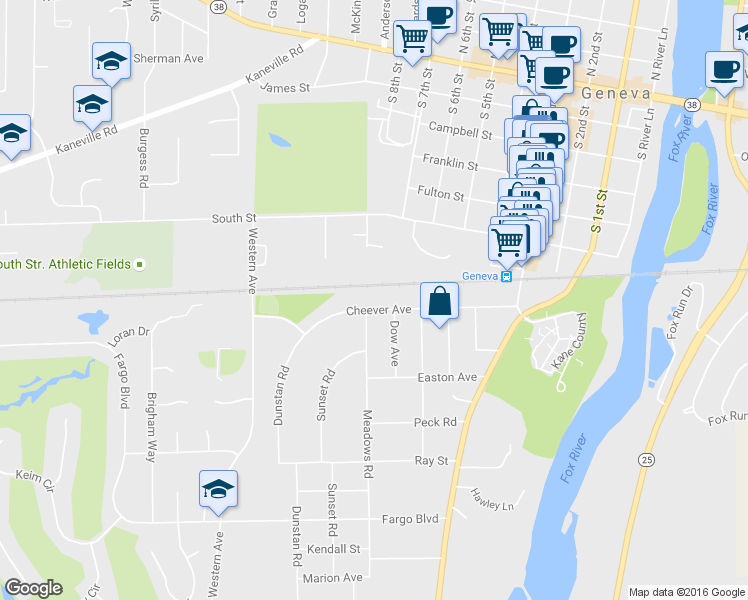 map of restaurants, bars, coffee shops, grocery stores, and more near 721 Cheever Avenue in Geneva