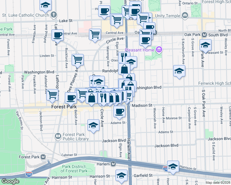 map of restaurants, bars, coffee shops, grocery stores, and more near 309 Elgin Avenue in Forest Park
